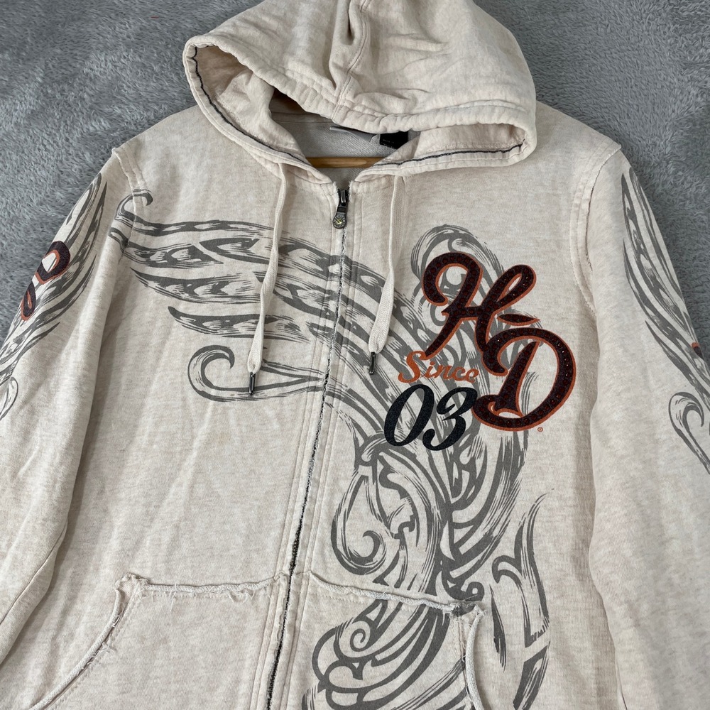 Harley Davidson Hoodie Womens XL Cream Vintage Y2K Rhinestone Biker Scroll - Picture 4 of 10